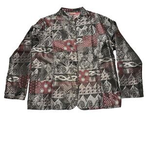 VTG Tudor Court By Haband Jacket Women L Black Gray Patchwork Geometric Tapestry